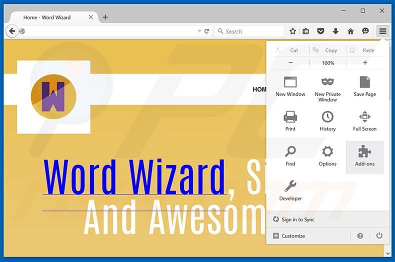 Removing WordWizard ads from Mozilla Firefox step 1