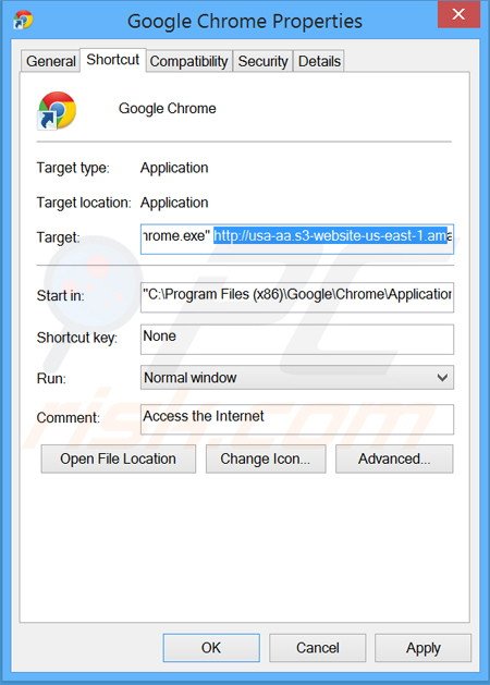 Removing www-search.info from Google Chrome shortcut target step 2