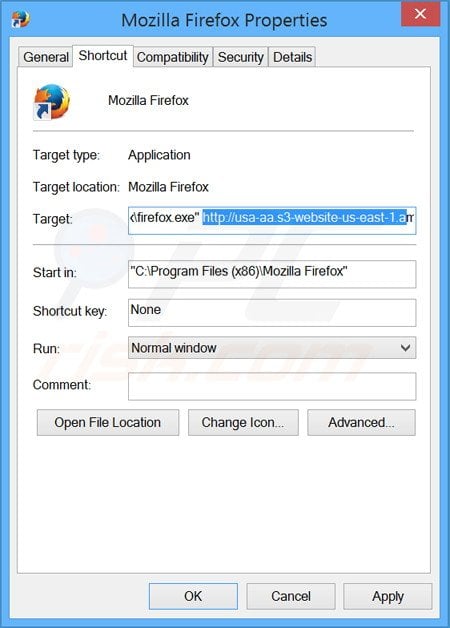 Removing www-search.info from Mozilla Firefox shortcut target step 2