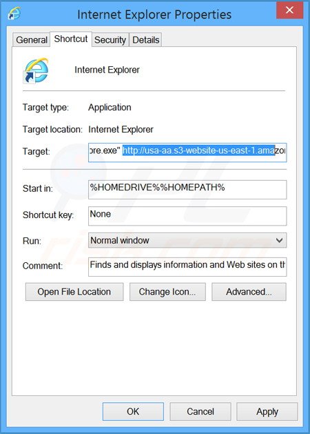 Removing www-search.info from Internet Explorer shortcut target step 2