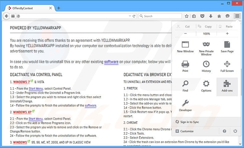 Removing YellowMarkApp ads from Mozilla Firefox step 1