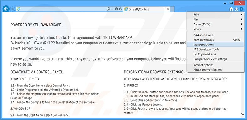 Removing YellowMarkApp ads from Internet Explorer step 1