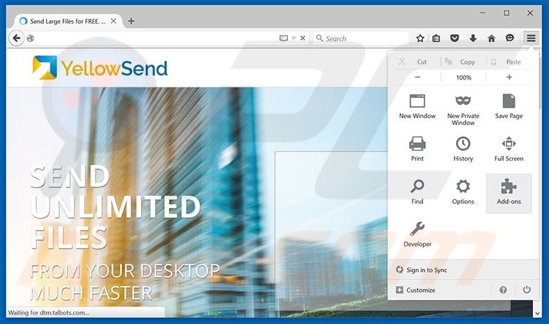 Removing YellowSend ads from Mozilla Firefox step 1