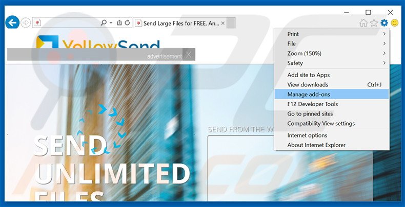 Removing YellowSend ads from Internet Explorer step 1