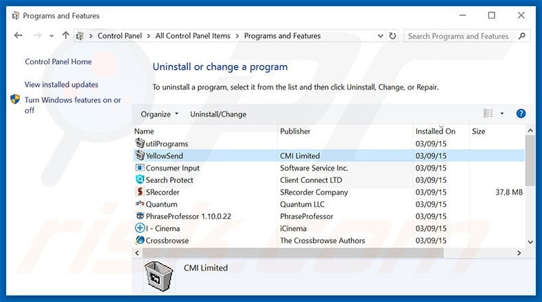 YellowSend adware uninstall via Control Panel