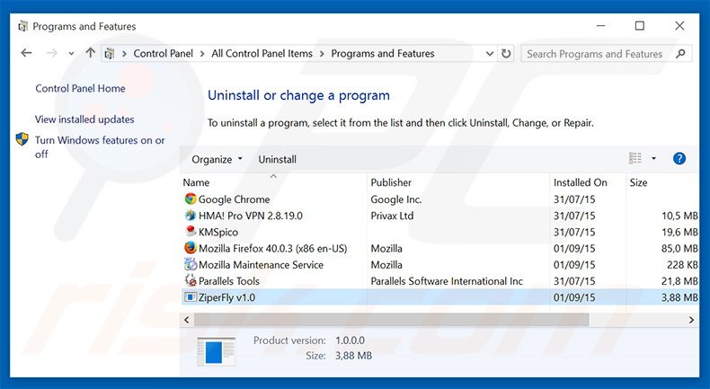 ZiperFly adware uninstall via Control Panel