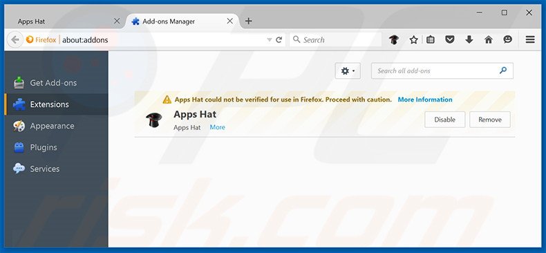 Removing Apps Hat ads from Mozilla Firefox step 2