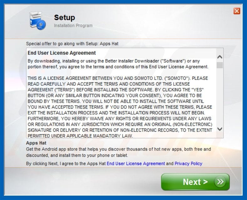 Official Apps Hat adware installation setup (sample 1)