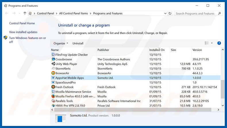 Apps Hat adware uninstall via Control Panel