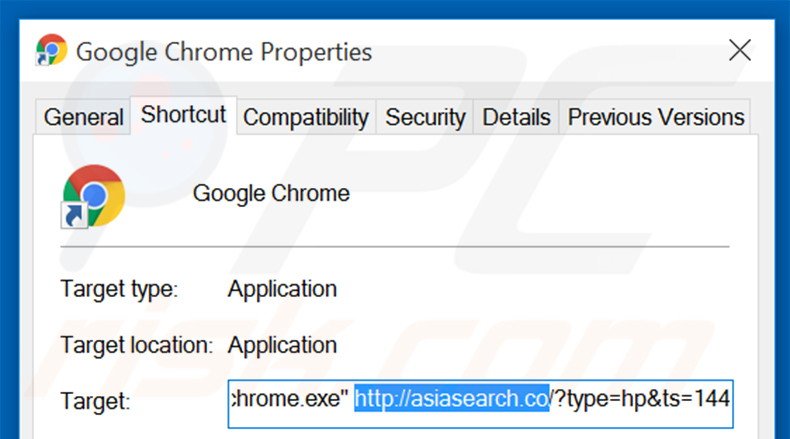 Removing asiasearch.co from Google Chrome shortcut target step 2