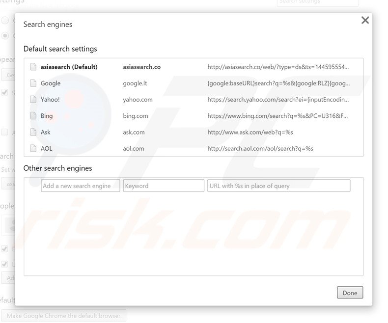 Removing asiasearch.co from Google Chrome default search engine