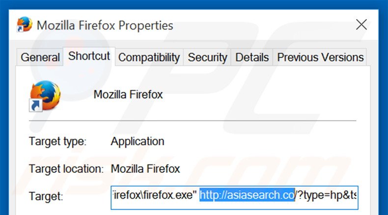 Removing asiasearch.co from Mozilla Firefox shortcut target step 2