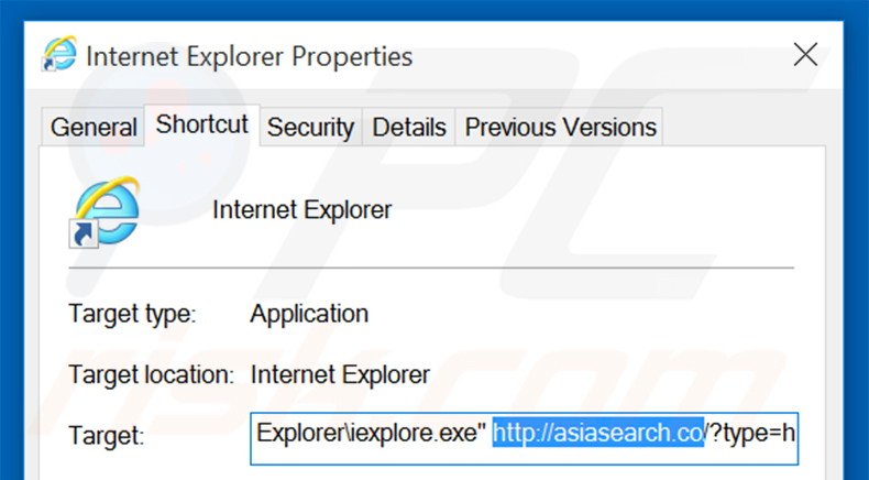Removing asiasearch.co from Internet Explorer shortcut target step 2