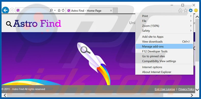 Removing Astro Find ads from Internet Explorer step 1