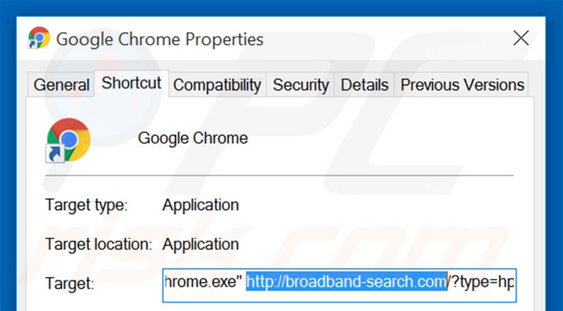Removing broadband-search.com from Google Chrome shortcut target step 2