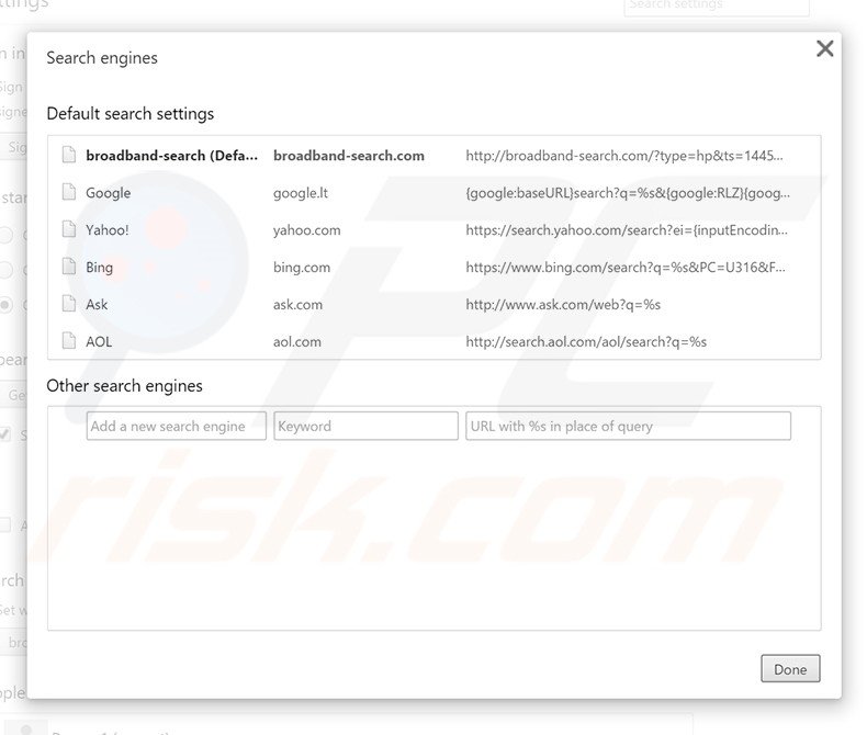 Removing broadband-search.com from Google Chrome default search engine