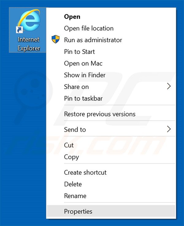 Removing broadband-search.com from Internet Explorer shortcut target step 1