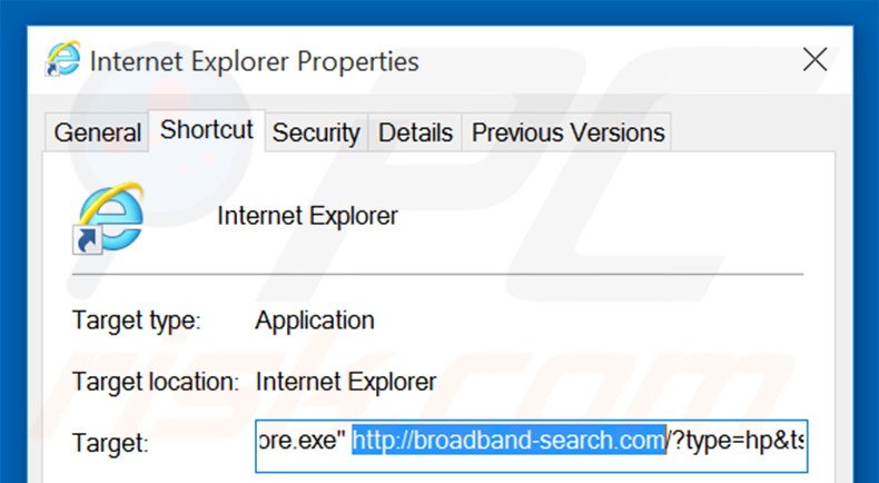 Removing broadband-search.com from Internet Explorer shortcut target step 2