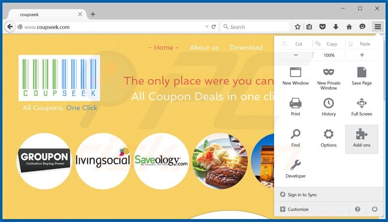 Removing coupseek from Mozilla Firefox step 1