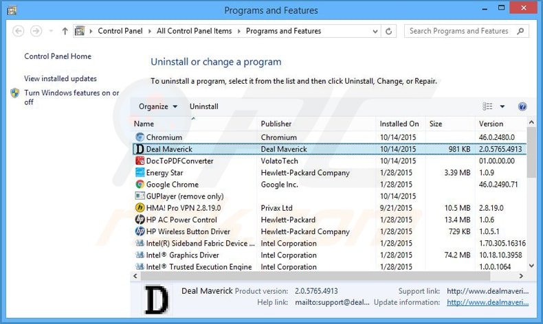 deal maveric adware uninstall via Control Panel