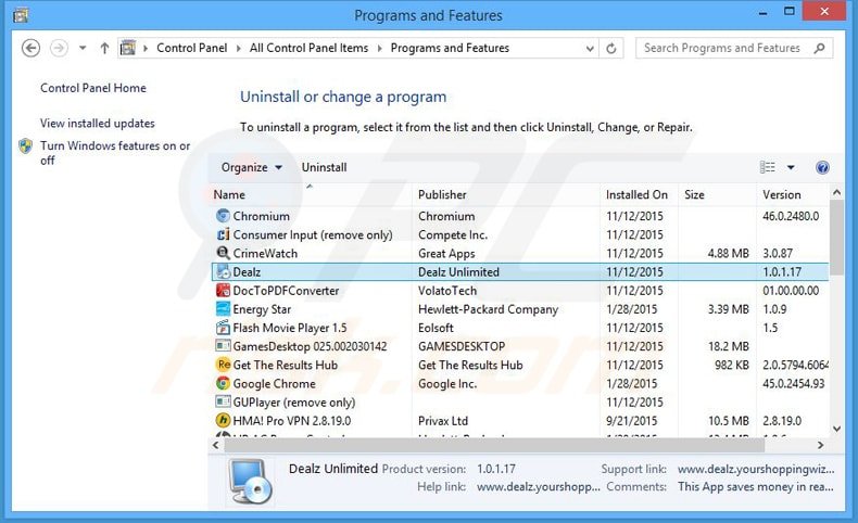 dealz adware uninstall via Control Panel