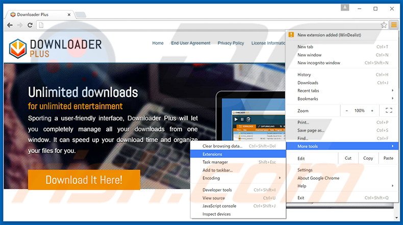 Removing DownloaderPlus  ads from Google Chrome step 1