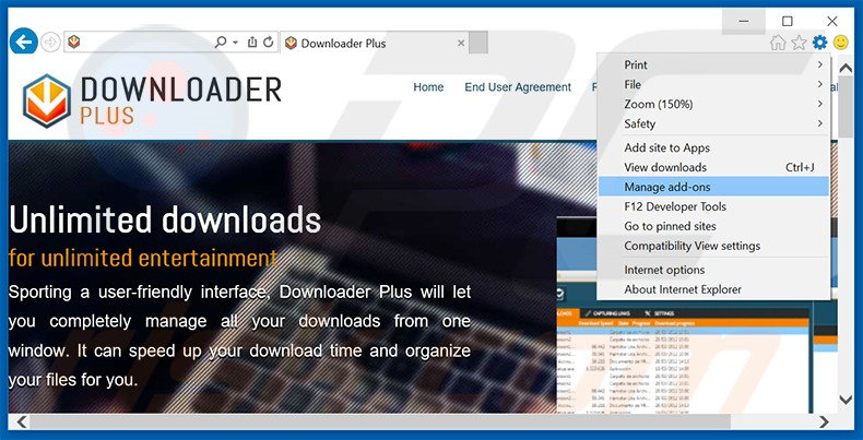 Removing DownloaderPlus ads from Internet Explorer step 1