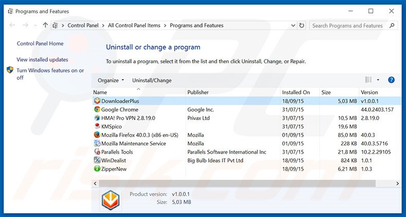 DownloaderPlus adware uninstall via Control Panel