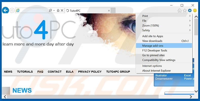 Removing eFast Browser ads from Internet Explorer step 1