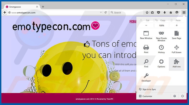 Removing Emotypecon ads from Mozilla Firefox step 1