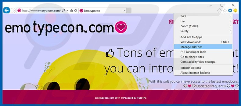 Removing Emotypecon ads from Internet Explorer step 1