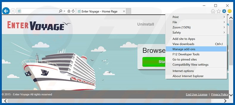 Removing Enter Voyage ads from Internet Explorer step 1