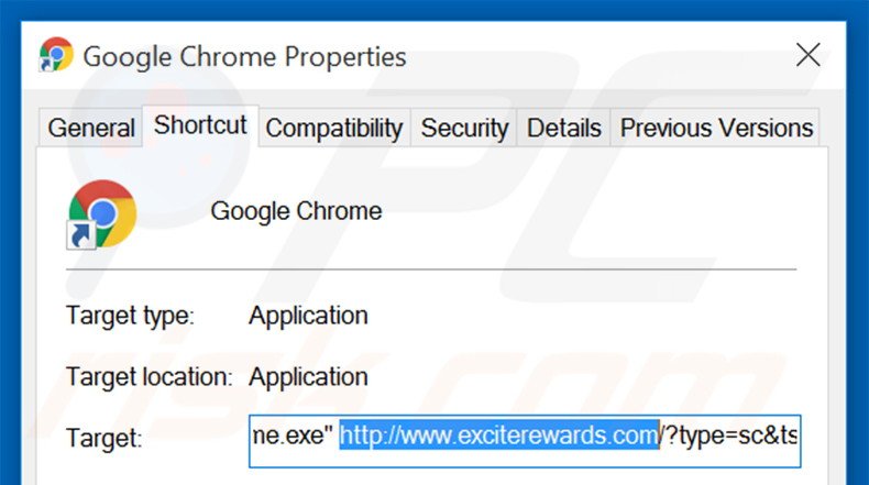 Removing exciterewards.com from Google Chrome shortcut target step 2