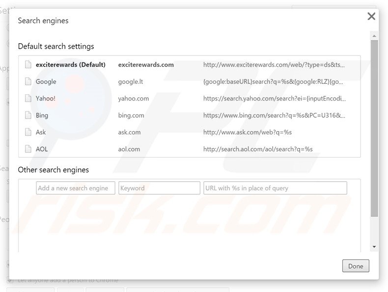 Removing exciterewards.com from Google Chrome default search engine