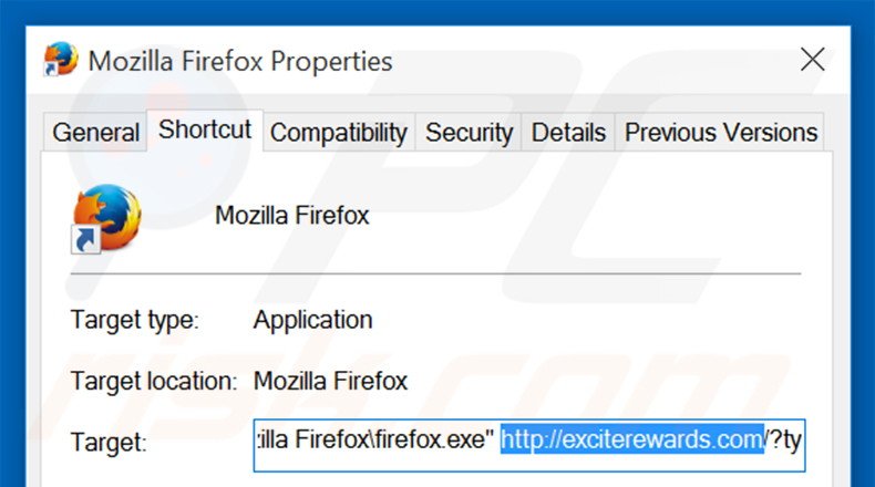 Removing exciterewards.com from Mozilla Firefox shortcut target step 2