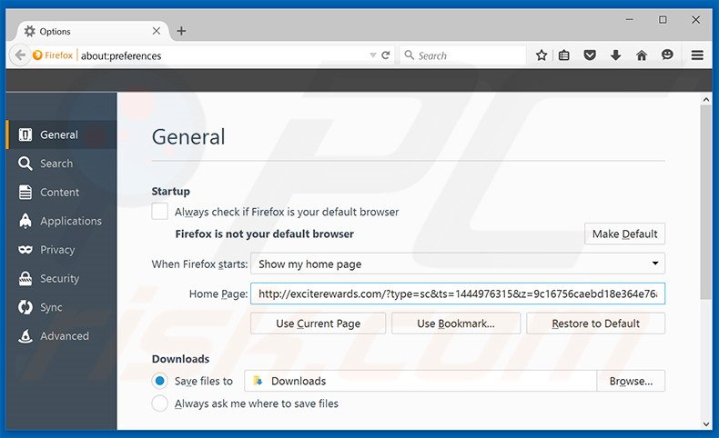 Removing exciterewards.com from Mozilla Firefox homepage