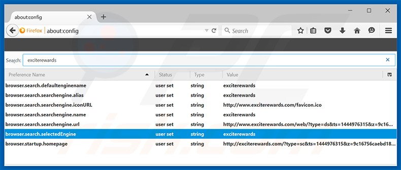 Removing exciterewards.com from Mozilla Firefox default search engine
