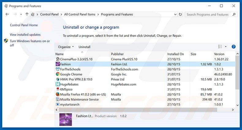 Fashion adware uninstall via Control Panel