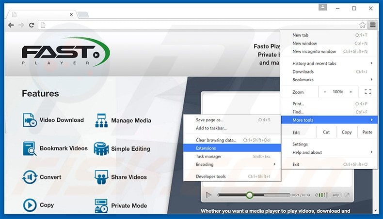 Removing FastoPlayer  ads from Google Chrome step 1
