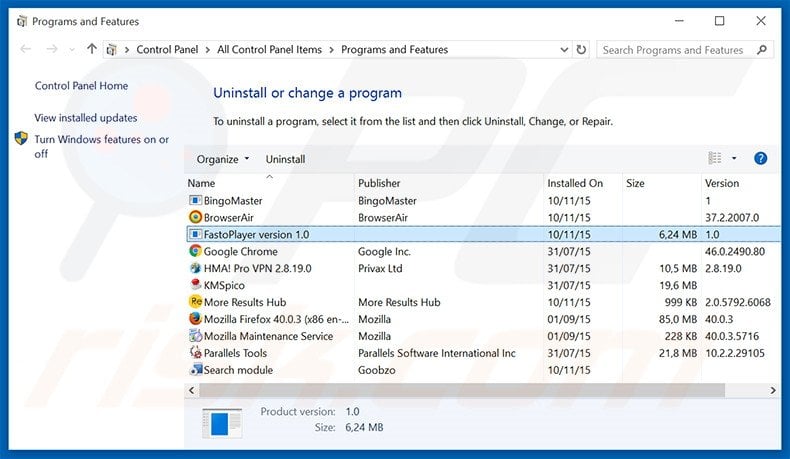 FastoPlayer adware uninstall via Control Panel