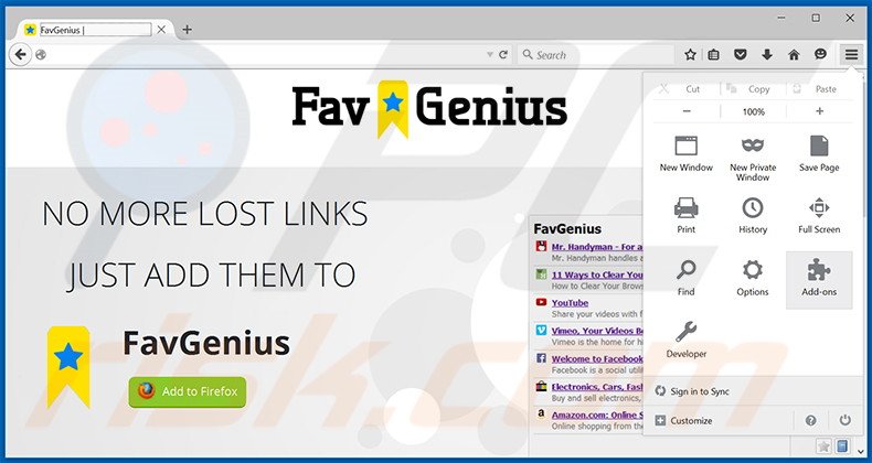 Removing FavGenius ads from Mozilla Firefox step 1