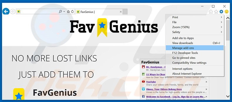 Removing FavGenius ads from Internet Explorer step 1