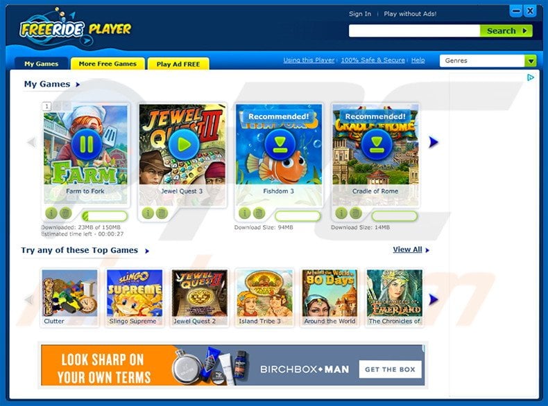 Deceptive adware-type application Free Ride Games Player