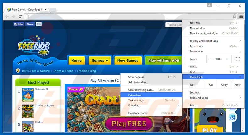 Removing Free Ride Games Player  ads from Google Chrome step 1