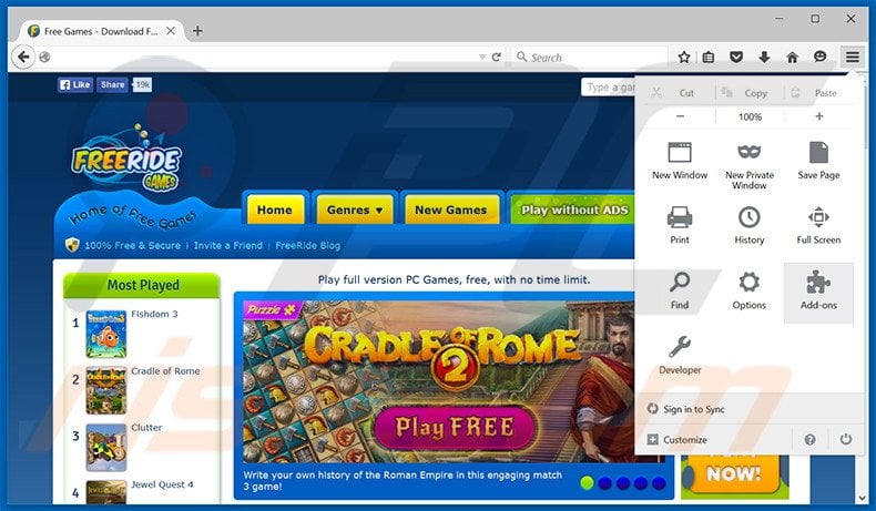 Removing Free Ride Games Player ads from Mozilla Firefox step 1