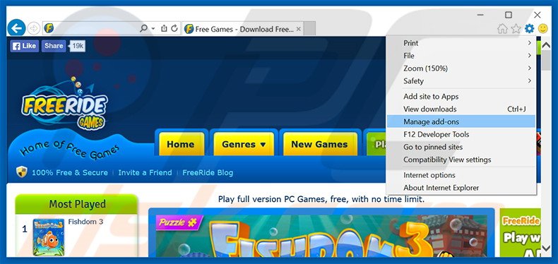 Removing Free Ride Games Player ads from Internet Explorer step 1