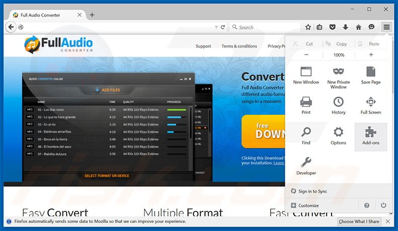 Removing FullAudioConverter ads from Mozilla Firefox step 1