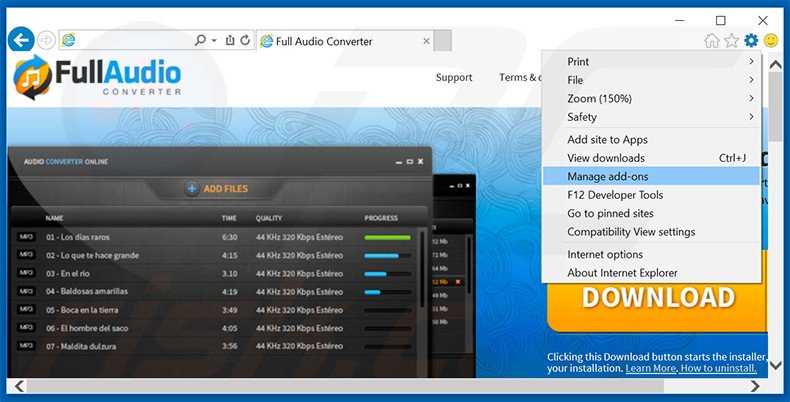 Removing FullAudioConverter ads from Internet Explorer step 1