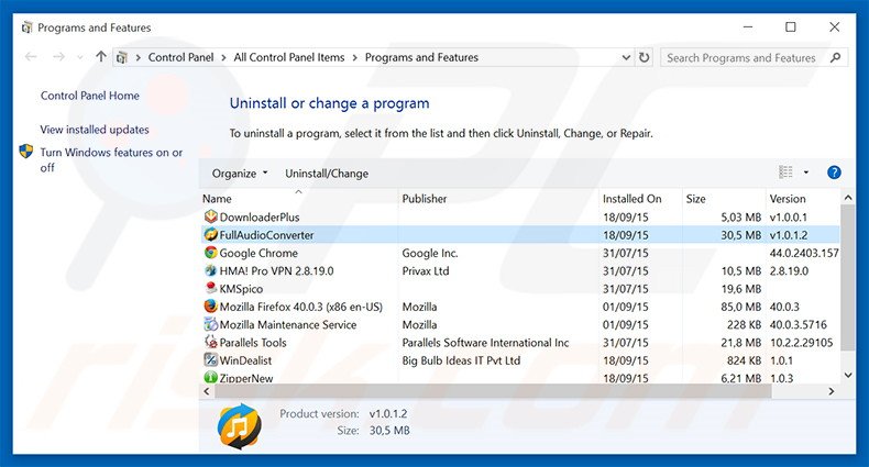 FullAudioConverter adware uninstall via Control Panel