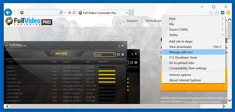 Removing FullVideoConverter Pro ads from Internet Explorer step 1
